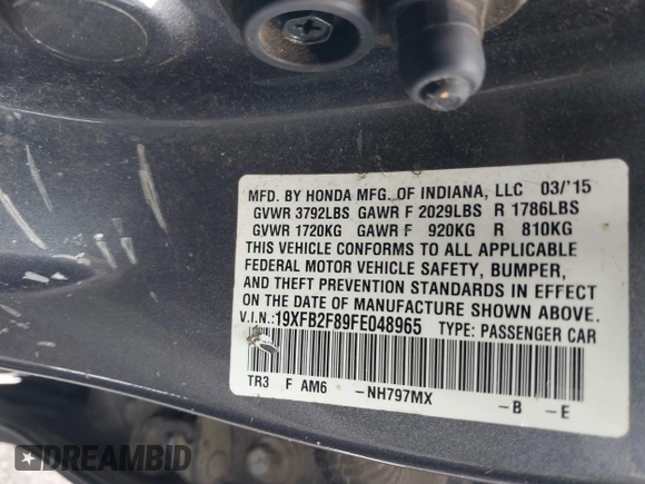2015 Honda Civic EX with VIN 19XFB2F89FE048965, listed as a IAAI auction lot 42060440 with 149,475 mi miles and . Bid and sale history available at carsss.com. Image 9.
