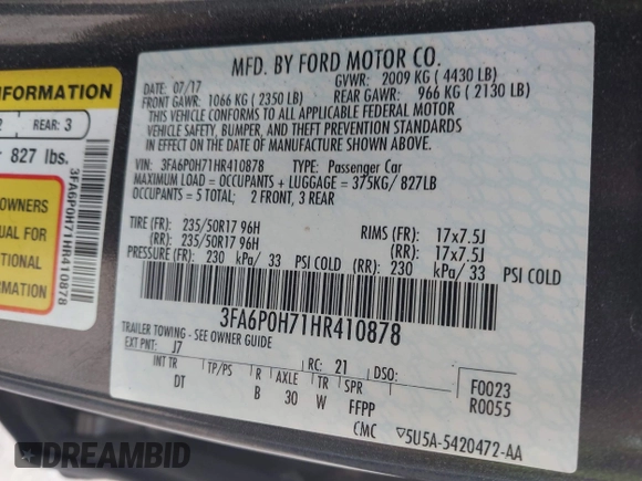 2017 Ford Fusion SE z VIN 3FA6P0H71HR410878, wystawiony jako IAAI lot #42135622 z przebiegiem 99 462 mil mil oraz . Historia ofert i sprzedaży dostępna na DreamBid. Obrazek 9.