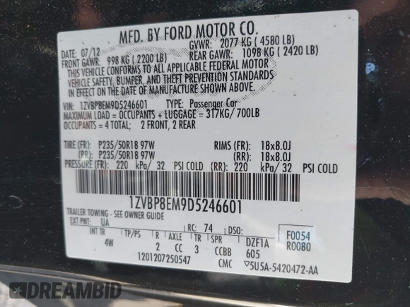 2013 Ford Mustang V6 с VIN 1ZVBP8EM9D5246601, выставлен на аукционе IAAI как лот 42239109 с пробегом 116 780 миль миль и . История ставок и продаж доступна на DreamBid. Изображение 9.