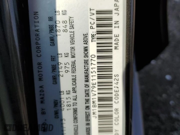 2014 Mazda 3 i Touring with VIN JM1BM1V79E1151770, listed as a Copart auction lot 60100155 with 274,752 mi miles and Salvage title. Bid and sale history available at DreamBid. Image 12.