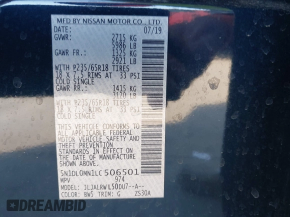 2020 Infiniti QX60 Pure with VIN 5N1DL0MN1LC506501, listed as a IAAI auction lot 41968177 with 53,128 mi miles and . Bid and sale history available at DreamBid. Image 9.