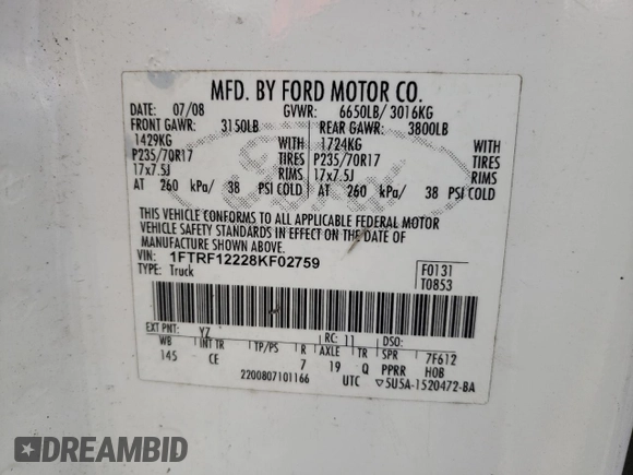 2008 Ford F-150 XL with VIN 1FTRF12228KF02759, listed as a Copart auction lot 53529595 with 76,304 mi miles and Clean Title. Bid and sale history available at DreamBid. Image 12.