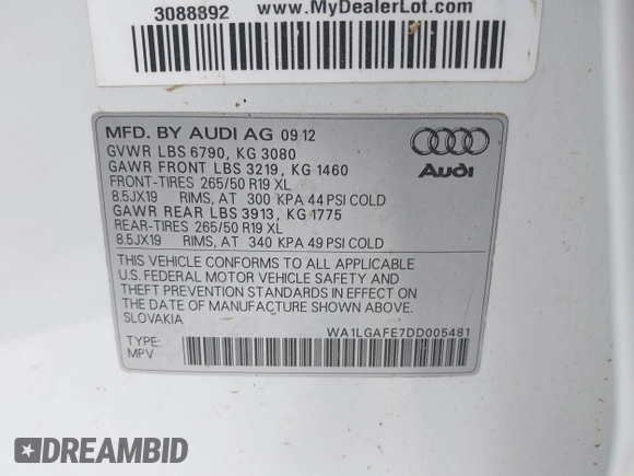 2013 Audi Q7 Premium Plus z VIN WA1LGAFE7DD005481, wystawiony jako IAAI lot #42411987 z przebiegiem Nie podano mil oraz . Historia ofert i sprzedaży dostępna na DreamBid. Obrazek 9.