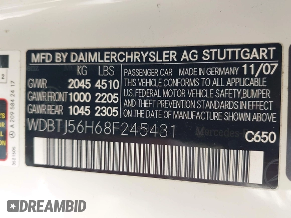 2008 Mercedes-Benz CLK 350 with VIN WDBTJ56H68F245431, listed as a IAAI auction lot 42085771 with 38,540 mi miles and . Bid and sale history available at DreamBid. Image 9.