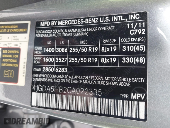 2012 Mercedes-Benz M ML 350 with VIN 4JGDA5HB2CA022335, listed as a IAAI auction lot 42045828 with 162,328 mi miles. Bid and sale history available at carsss.com. Image 9.