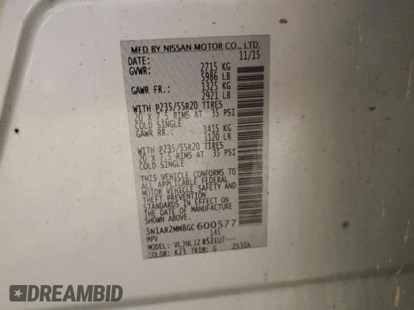 2016 Nissan Pathfinder SL с VIN 5N1AR2MM8GC600577, выставлен на аукционе Copart как лот 57778555 с пробегом 143 655 миль миль и Списание • Salvage title. История ставок и продаж доступна на DreamBid. Изображение 13.