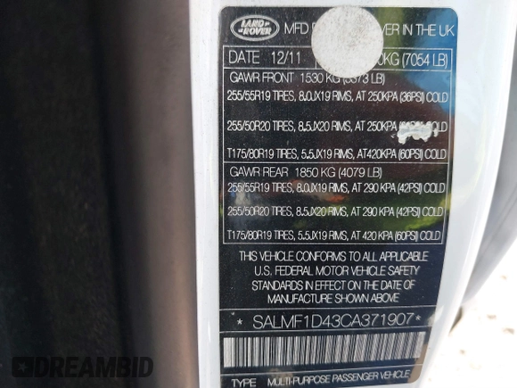 2012 Land Rover Range Rover HSE Lux with VIN SALMF1D43CA371907, listed as a IAAI auction lot 40171495 with 99,201 mi miles and . Bid and sale history available at DreamBid. Image 9.