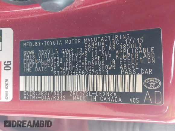 2016 Toyota Corolla L with VIN 2T1BURHE9GC576011, listed as a IAAI auction lot 42624329 with 98,567 mi miles and . Bid and sale history available at DreamBid. Image 9.