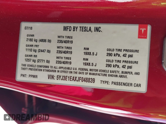 2018 Tesla Model 3 Long Range Battery z VIN 5YJ3E1EAXJF048839, wystawiony jako IAAI lot #42328412 z przebiegiem 83 083 mil mil oraz . Historia ofert i sprzedaży dostępna na DreamBid. Obrazek 9.