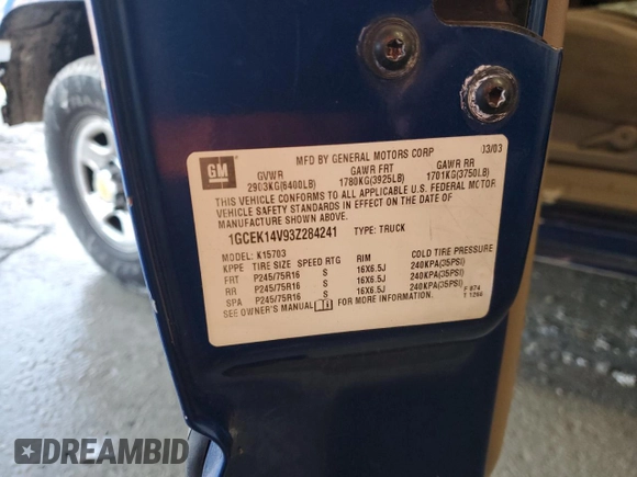 2003 Chevrolet Silverado 1500 LS with VIN 1GCEK14V93Z284241, listed as a Copart auction lot 42791325 with 199,776 mi miles and Salvage Title. Bid and sale history available at DreamBid. Image 14.