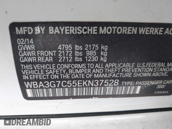 2014 BMW 3 Series 328i xDrive with VIN WBA3G7C55EKN37528, listed as a IAAI auction lot 42031076 with 55,627 mi miles and . Bid and sale history available at carsss.com. Image 9.