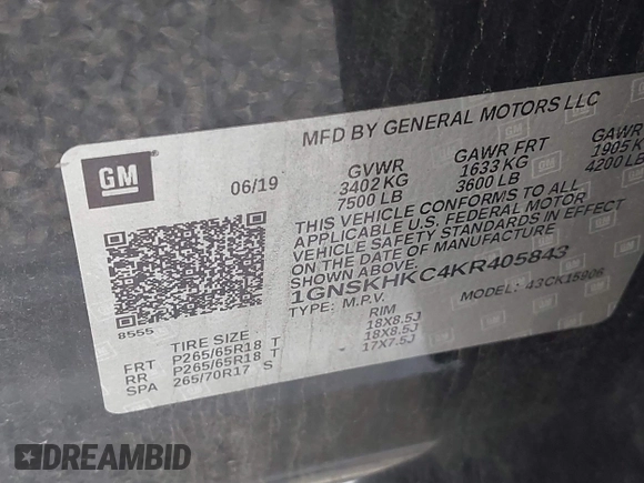 2019 Chevrolet Suburban LT with VIN 1GNSKHKC4KR405843, listed as a IAAI auction lot 41944385 with 123,071 mi miles and . Bid and sale history available at DreamBid. Image 9.