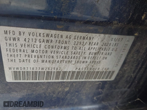 2007 Volkswagen Rabbit with VIN WVWDR71K77W262587, listed as a IAAI auction lot 42801639 with 177,125 mi miles and . Bid and sale history available at DreamBid. Image 9.