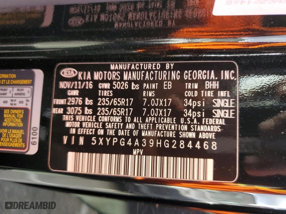 2017 Kia Sorento L with VIN 5XYPG4A39HG284468, listed as a Copart auction lot 47465855 with 102,077 mi miles and Salvage Title. Bid and sale history available at carsss.com. Image 14.