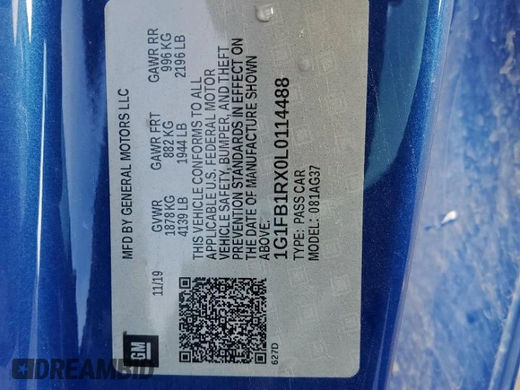 2020 Chevrolet Camaro 1LT with VIN 1G1FB1RX0L0114488, listed as a Copart auction lot 58268185 with 57,140 mi miles and Salvage title. Bid and sale history available at DreamBid. Image 12.