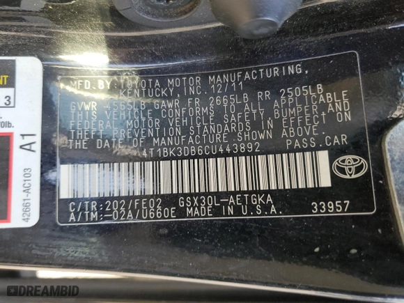 2012 Toyota Avalon with VIN 4T1BK3DB6CU443892, listed as a Copart auction lot 76558374 with NaN miles and Salvage Title. Bid and sale history available at carsss.com. Image 15.
