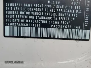 2012 Volkswagen Jetta SE с VIN 3VWDX7AJ6CM334691, выставлен на аукционе Copart как лот 48074335 с пробегом 105 314 миль миль и Списание • Salvage title. История ставок и продаж доступна на DreamBid. Изображение 12.