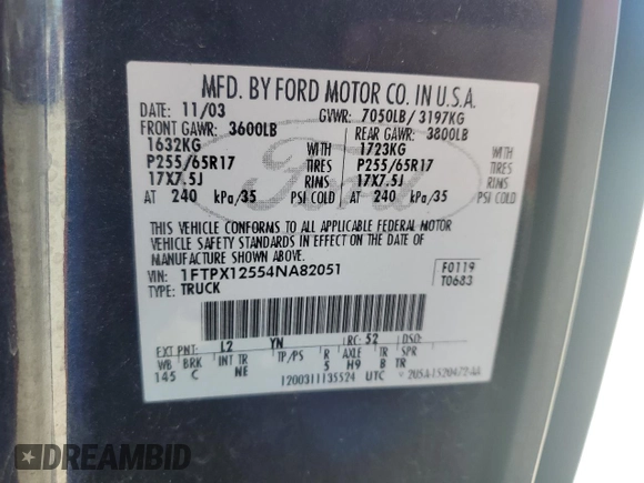 2004 Ford F-150 XL with VIN 1FTPX12554NA82051, listed as a Copart auction lot 49879965 with 136,726 mi miles and Salvage title. Bid and sale history available at DreamBid. Image 12.