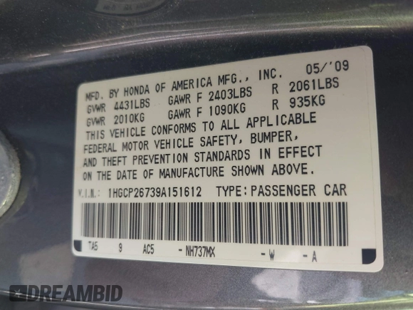2009 Honda Accord EX z VIN 1HGCP26739A151612, wystawiony jako IAAI lot #41871767 z przebiegiem 47 217 mil mil oraz . Historia ofert i sprzedaży dostępna na DreamBid. Obrazek 9.