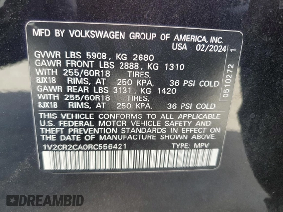 2024 Volkswagen Atlas Peak Edition SE with VIN 1V2CR2CA0RC556421, listed as a Copart auction lot 49862585 with 627 mi miles and Salvage title. Bid and sale history available at DreamBid. Image 13.