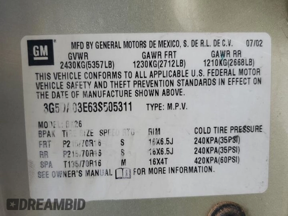 2003 Buick Rendezvous CXL with VIN 3G5DA03E63S505311, listed as a Copart auction lot 52007325 with 171,068 mi miles and Clean Title. Bid and sale history available at DreamBid. Image 12.