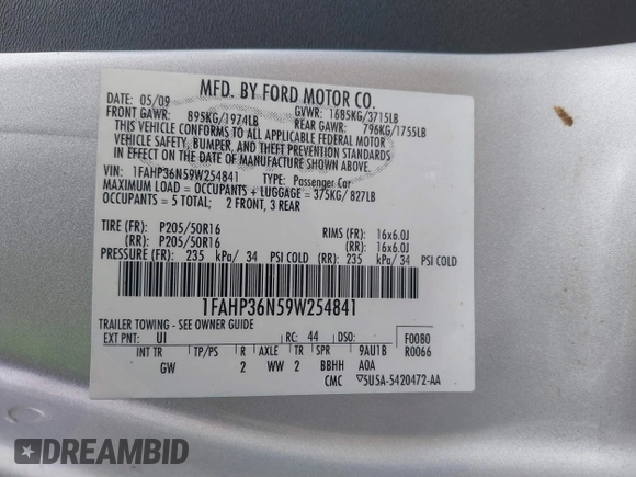 2009 Ford Focus SES with VIN 1FAHP36N59W254841, listed as a IAAI auction lot 41881467 with 193,345 mi miles. Bid and sale history available at carsss.com. Image 9.