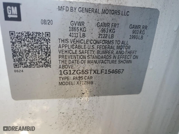 2020 Chevrolet Malibu RS with VIN 1G1ZG5STXLF154667, listed as a Copart auction lot 48537075 with 32,116 mi miles and Salvage Title. Bid and sale history available at carsss.com. Image 12.