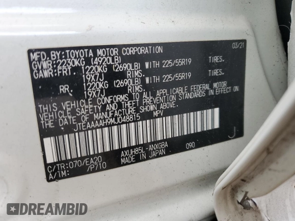 2021 Toyota Venza LE with VIN JTEAAAAH9MJ048815, listed as a Copart auction lot 49982235 with Not Provided miles and Salvage Title. Bid and sale history available at carsss.com. Image 14.