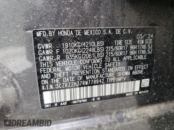 2024 Honda HR-V LX with VIN 3CZRZ2H37RM778842, listed as a Copart auction lot 49843105 with 9,732 mi miles and Salvage title. Bid and sale history available at DreamBid. Image 13.