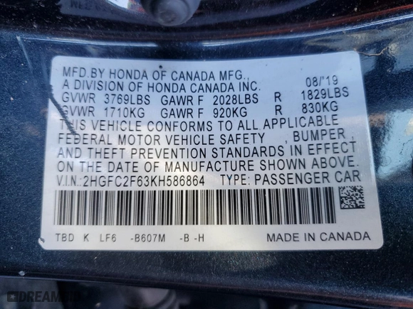2019 Honda Civic Sedan LX with VIN 2HGFC2F63KH586864, listed as a Copart auction lot 73237954 with 65,308 mi miles and Salvage Title. Bid and sale history available at carsss.com. Image 14.