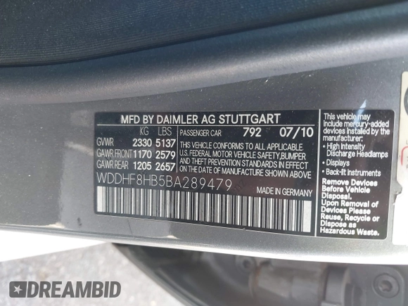 2011 Mercedes-Benz E 350 Luxury with VIN WDDHF8HB5BA289479, listed as a IAAI auction lot 42147217 with 193,248 mi miles and . Bid and sale history available at DreamBid. Image 9.