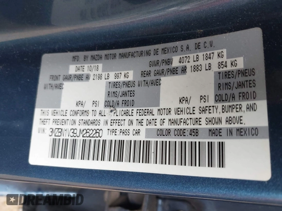 2018 Mazda 3 Touring with VIN 3MZBN1V39JM262260, listed as a IAAI auction lot 42022243 with 89,160 mi miles. Bid and sale history available at carsss.com. Image 9.