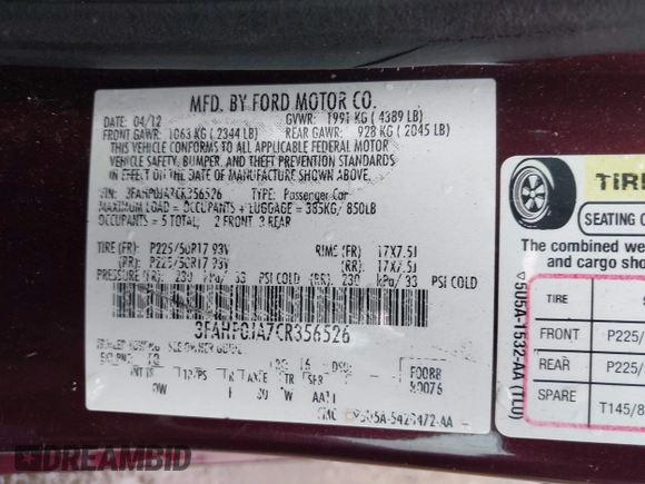 2012 Ford Fusion SEL with VIN 3FAHP0JA7CR356526, listed as a IAAI auction lot 42040375 with 206,818 mi miles. Bid and sale history available at carsss.com. Image 9.