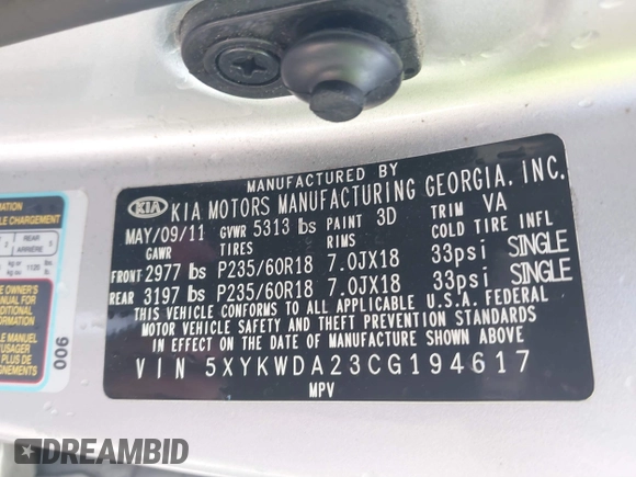 2012 Kia Sorento SX with VIN 5XYKWDA23CG194617, listed as a IAAI auction lot 41504630 with 161,157 mi miles. Bid and sale history available at carsss.com. Image 9.