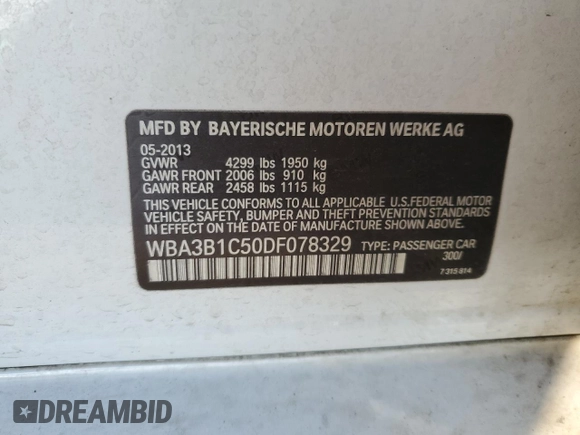 2013 BMW 3 Series 320i with VIN WBA3B1C50DF078329, listed as a Copart auction lot 85543174 with 207,120 mi miles and Salvage Title. Bid and sale history available at carsss.com. Image 14.