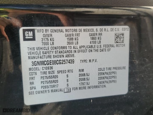 2012 Chevrolet Avalanche LTZ with VIN 3GNMCGE08CG257439, listed as a Copart auction lot 79194644 with 302,676 mi miles and Clean Title. Bid and sale history available at carsss.com. Image 12.