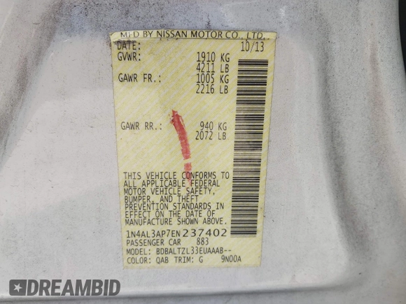 2014 Nissan Altima SV with VIN 1N4AL3AP7EN237402, listed as a IAAI auction lot 41960309 with 155,359 mi miles and . Bid and sale history available at DreamBid. Image 9.
