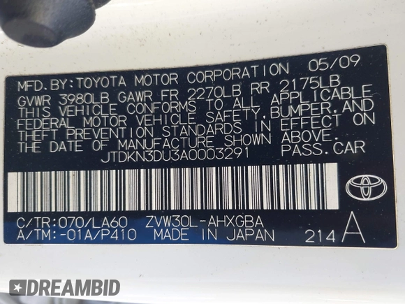 2010 Toyota Prius II with VIN JTDKN3DU3A0003291, listed as a IAAI auction lot 42123268 with 285,734 mi miles and . Bid and sale history available at carsss.com. Image 9.