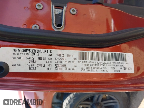 2013 Ram 1500 Express with VIN 1C6RR7KT6DS646870, listed as a IAAI auction lot 42097034 with 183,425 mi miles and . Bid and sale history available at DreamBid. Image 9.