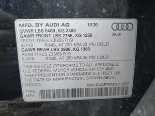 2021 Audi Q5 Premium Plus with VIN WA1BAAFY5M2013887, listed as a IAAI auction lot 41569563 with 79,663 mi miles and . Bid and sale history available at DreamBid. Image 9.