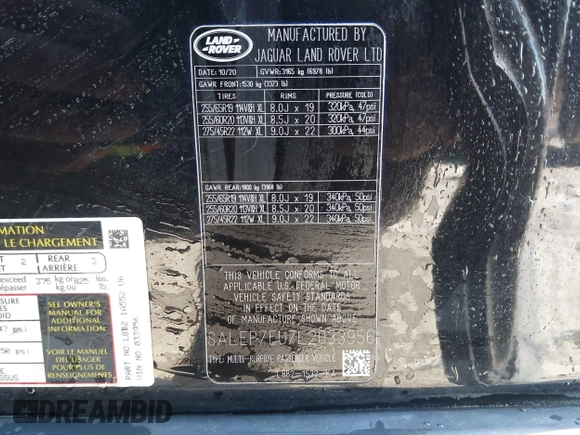 2020 Land Rover Defender SE with VIN SALEP7EU7L2033956, listed as a IAAI auction lot 41654588 with 85,029 mi miles and . Bid and sale history available at DreamBid. Image 9.