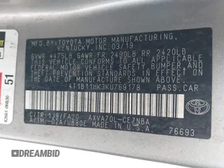 2019 Toyota Camry LE z VIN 4T1B11HK3KU769178, wystawiony jako IAAI lot #41348861 z przebiegiem 121 069 mil mil oraz . Historia ofert i sprzedaży dostępna na DreamBid. Obrazek 9.