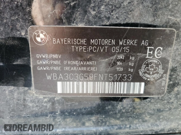 2015 BMW 3 Series 320i xDrive with VIN WBA3C3G59FNT51733, listed as a Copart auction lot 52123345 with Not provided miles and Salvage title. Bid and sale history available at DreamBid. Image 13.