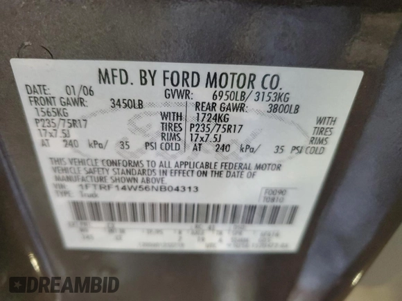 2006 Ford F-150 XL with VIN 1FTRF14W56NB04313, listed as a Copart auction lot 49626725 with 252,035 mi miles and Salvage Title. Bid and sale history available at carsss.com. Image 12.