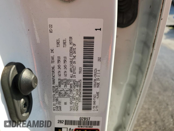 2022 Toyota Tundra SR with VIN 5TFKB5AA5NX006656, listed as a Copart auction lot 50401455 with Not provided miles and Non repairable. Bid and sale history available at DreamBid. Image 12.