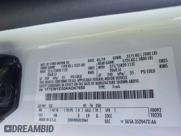 2019 Ford F-150 XL with VIN 1FTEW1E50KKD67650, listed as a IAAI auction lot 41437963 with 51,791 mi miles. Bid and sale history available at carsss.com. Image 9.