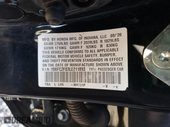 2020 Honda Civic Sedan Sport with VIN 19XFC2F83LE211893, listed as a Copart auction lot 88170695 with 47,260 mi miles and Salvage Title. Bid and sale history available at carsss.com. Image 12.
