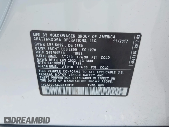 2018 Volkswagen Atlas S с VIN 1V2AP2CAXJC540812, выставлен на аукционе IAAI как лот 41443187 с пробегом 83 511 миль миль и . История ставок и продаж доступна на DreamBid. Изображение 9.