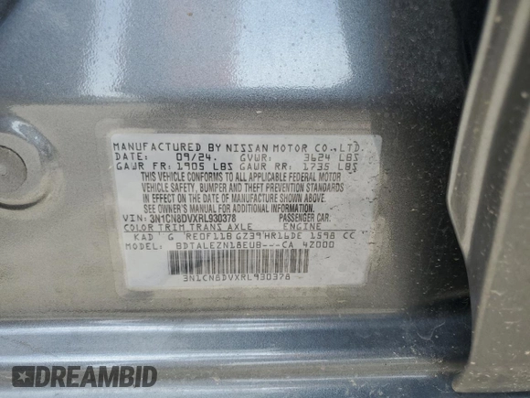 2024 Nissan Versa S with VIN 3N1CN8DVXRL930378, listed as a Copart auction lot 51090915 with 12,333 mi miles and Salvage Title. Bid and sale history available at DreamBid. Image 12.