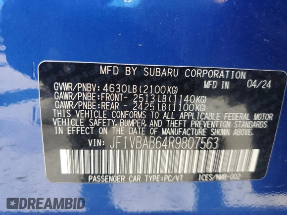 2024 Subaru WRX with VIN JF1VBAB64R9807563, listed as a Copart auction lot 57144225 with 11,692 mi miles and Salvage title. Bid and sale history available at DreamBid. Image 13.
